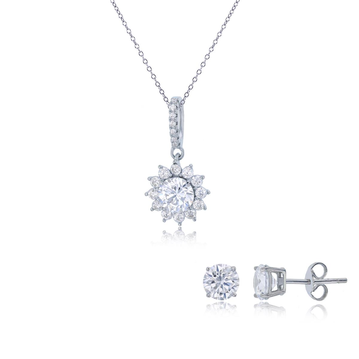 Sterling Silver Rhodium 6mm Rd Solitaire Stud and Starburst 18" Necklace Set
