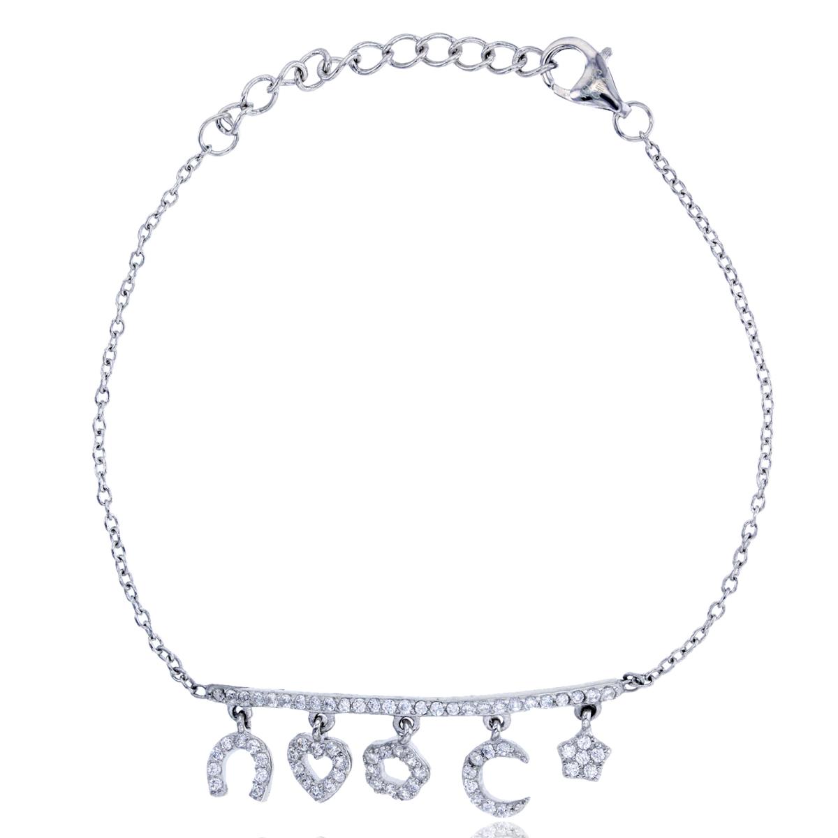 Sterling Silver Rhodium Micropave 7.5" Curve Bar with Charms Bracelet