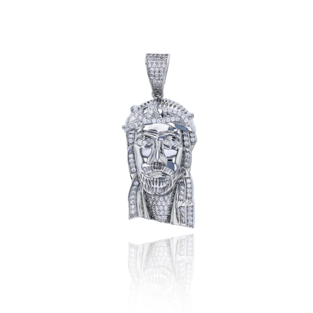 Sterling Silver Rhodium Micropave Religious Jesus Head Pendant