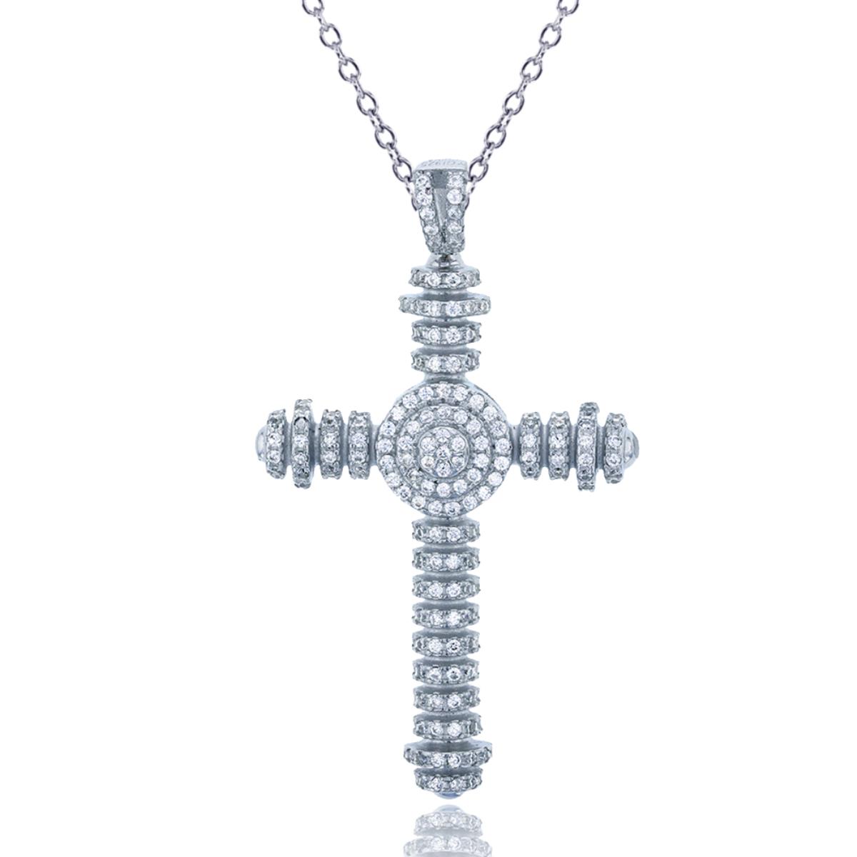 Sterling Silver Rhodium Micropave Cross Pendant 18+2" Necklace
