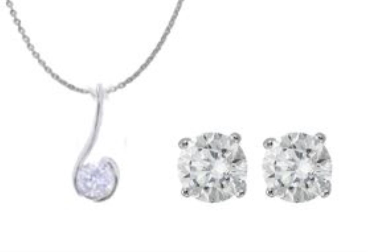 Sterling Silver Rhodium Rd Solitaire Stud and 18" Necklace