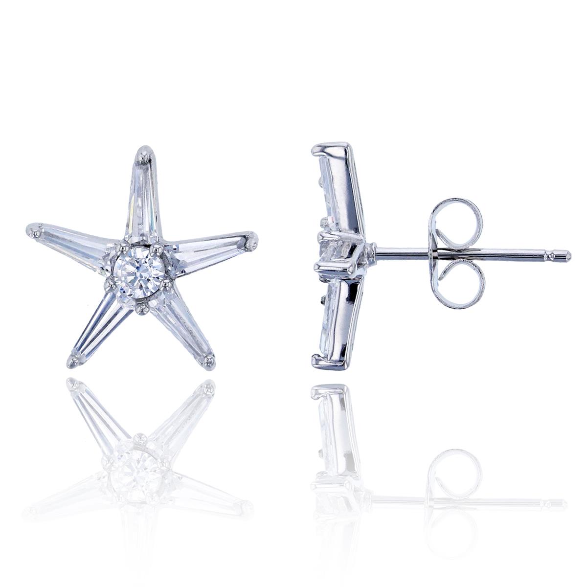 Sterling Silver Rhodium 3mm Round & Baguette CZ Star Stud Earring
