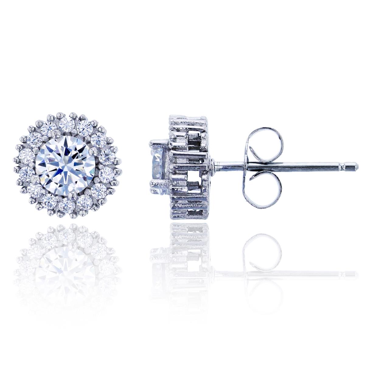 Sterling Silver Rhodium 8X8mm Round  Halo Stud Earring