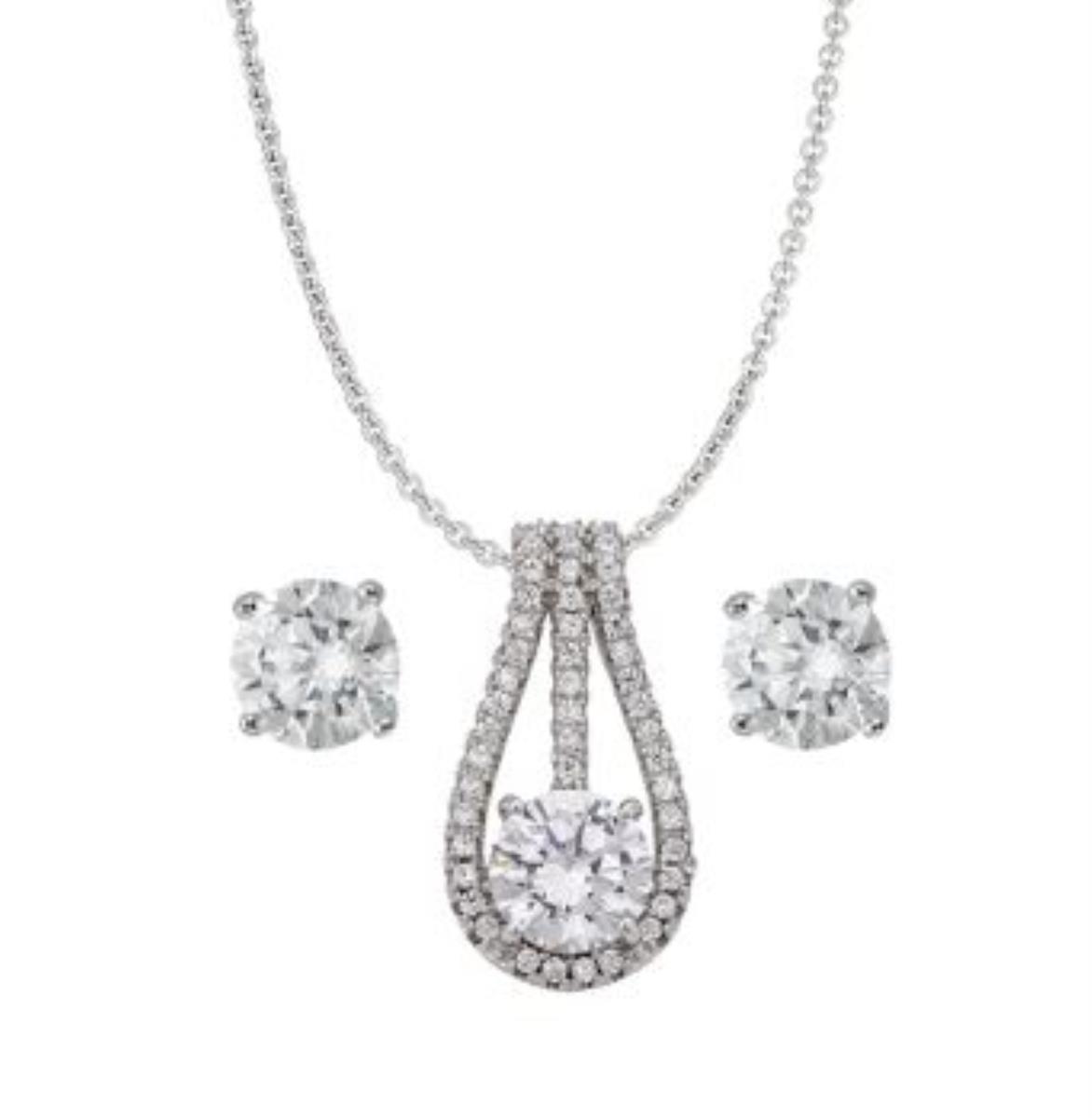 Sterling Silver Rhodium 6mm Rd Solitaire Stud and Halo 18" Necklace Set