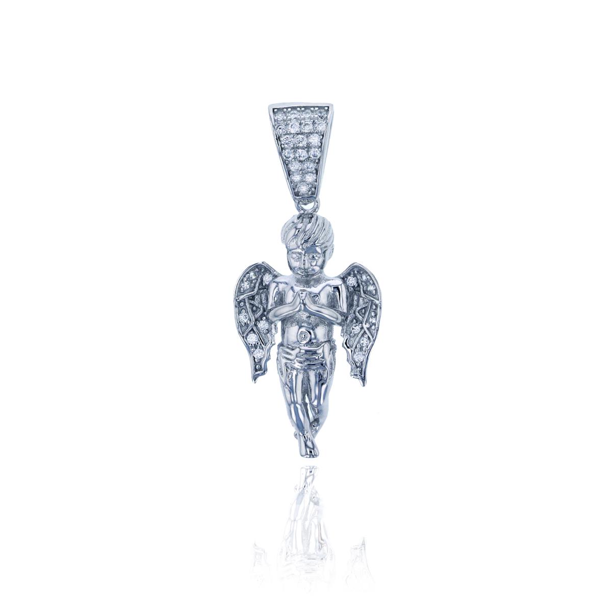 Sterling Silver Rhodium Micropave Religious Angel Pendant