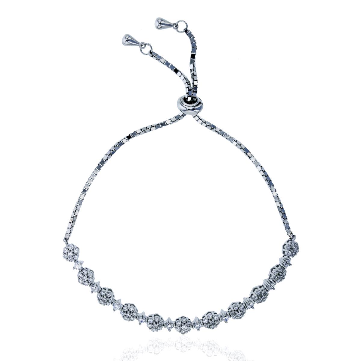 Sterling Silver Rhodium Floral Shaped Round Cut Stones Adjustable Bracelet