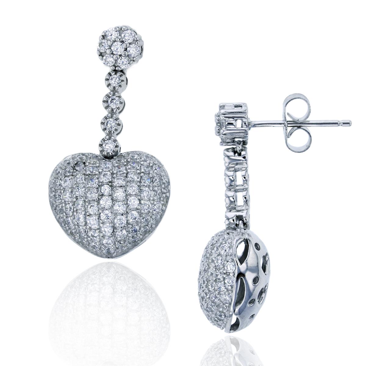 Sterling Silver Rhodium Micropave Heart Shaped 3D Dangling Earring