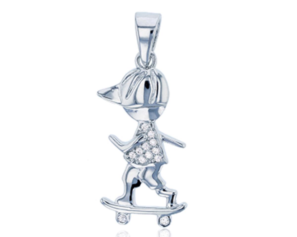 Sterling Silver Rhodium Polished Skating Boy CZ Pendant