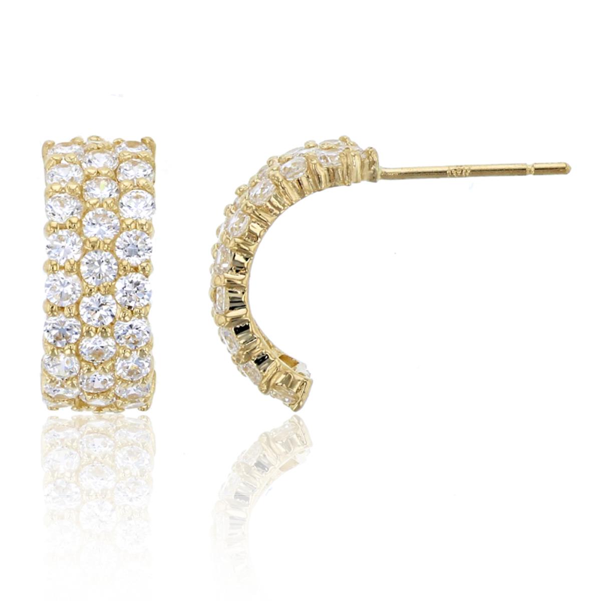 14K Yellow Gold Micropave 3-Row Curved Half Hoop Earring