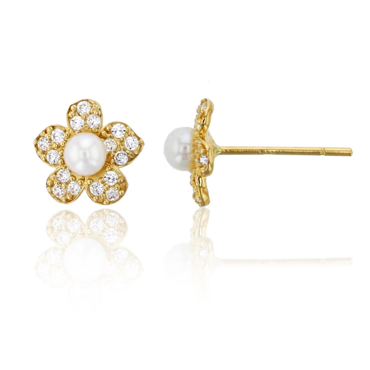 14K Yellow Gold 3mm Fresh Water Pearl & CZ Flower Stud Earring
