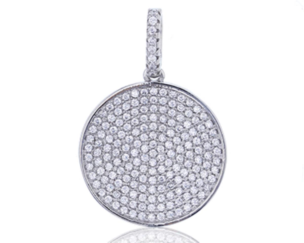 Sterling Silver Rhodium Micropave Round CZ Circle Pendant