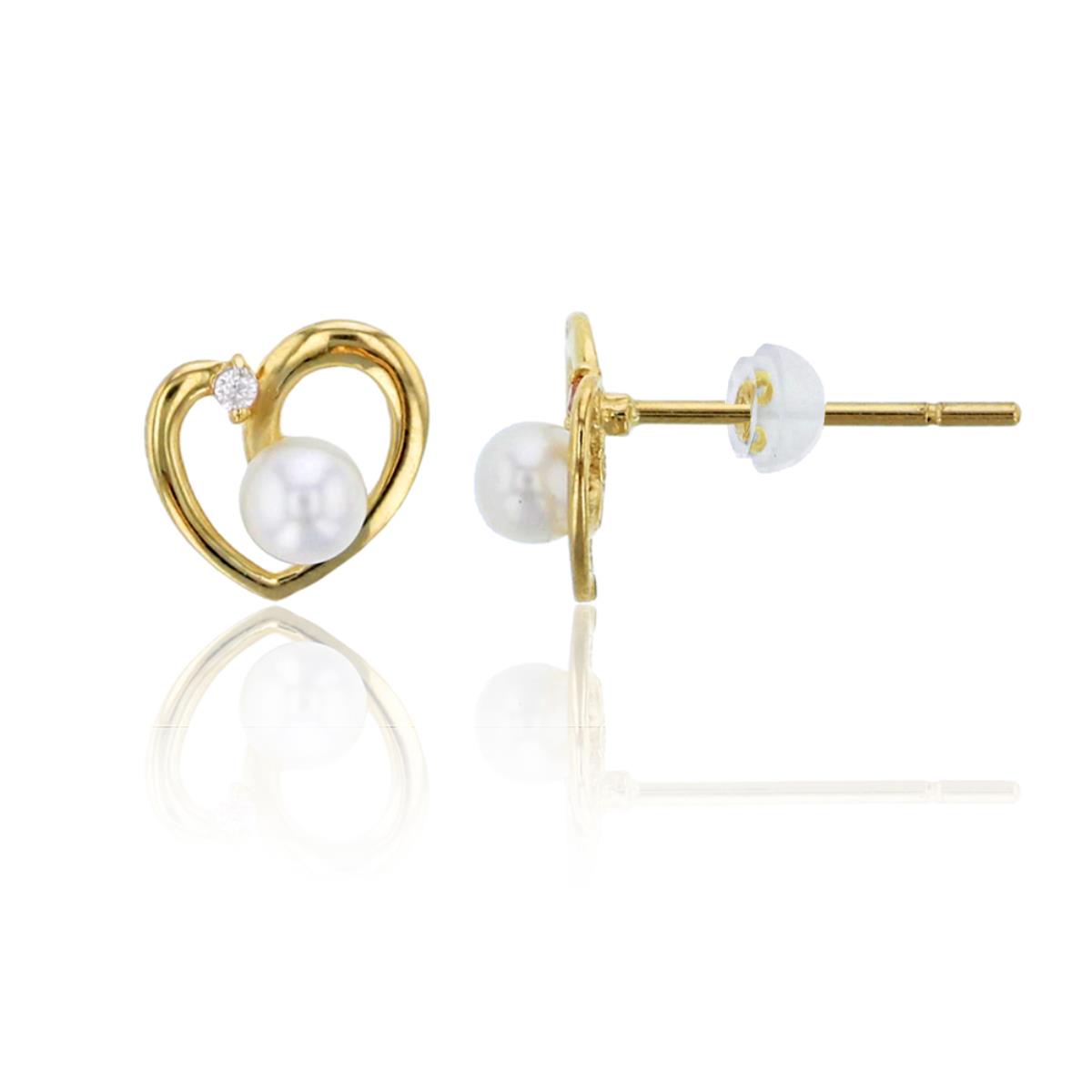 14K Yellow Gold 3mm Fresh Water Pearl & Pink CZ Heart Studs with Silicon Backs