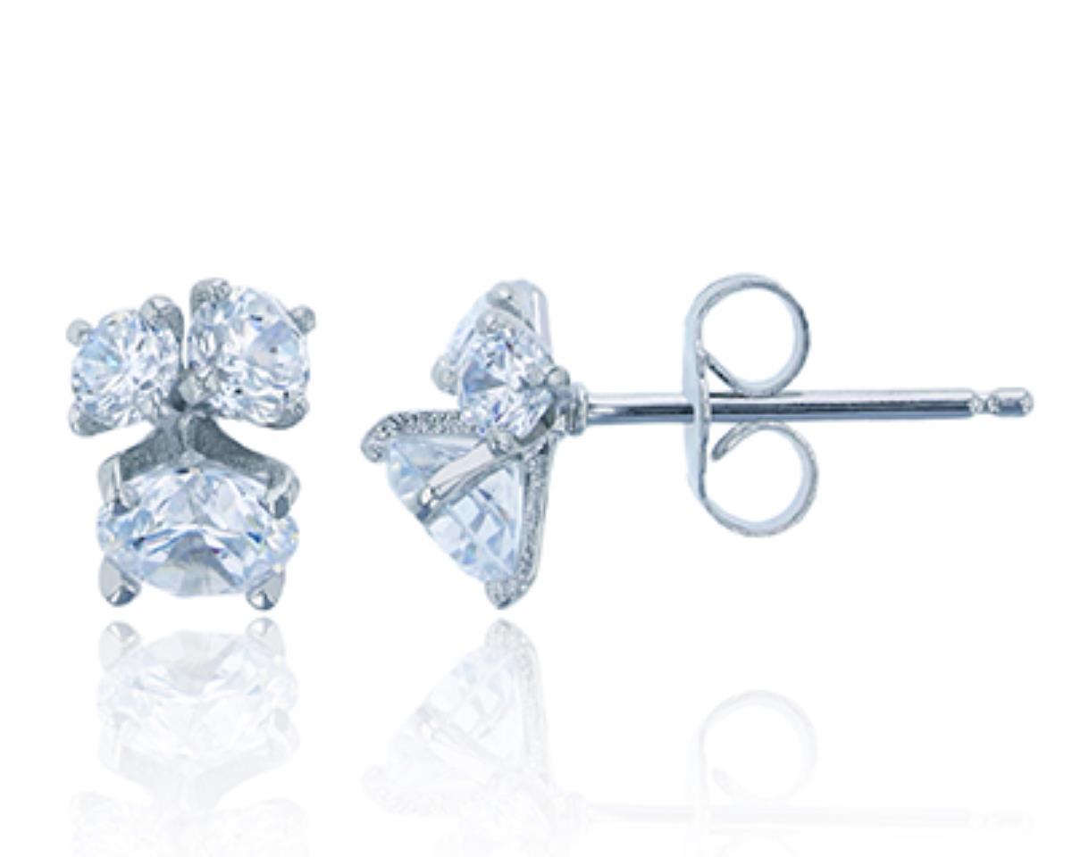 Sterling Silver Rhodium 3mm, 3.5mm and 5mm Round CZ 3-Stone Stud Earring