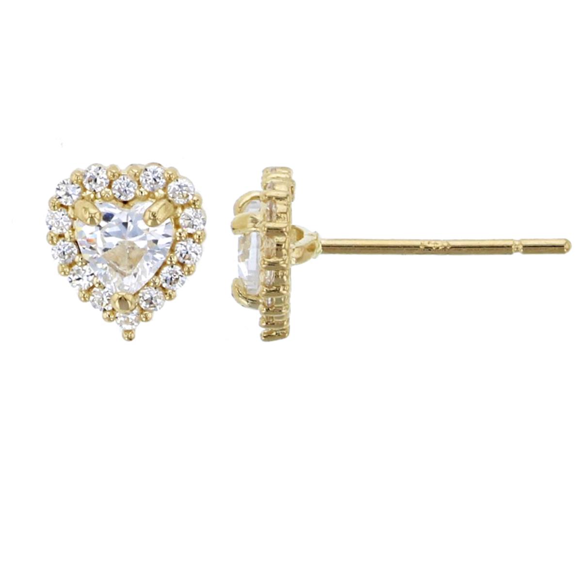 14K Yellow Gold Micropave 3.5mm Heart Cut Halo Stud Earring