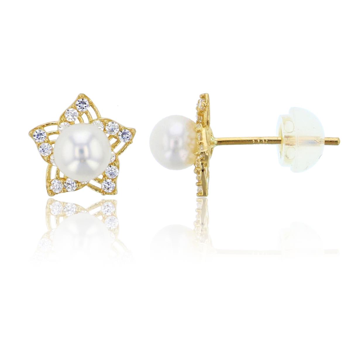 14K Yellow Gold 4mm Fresh Water Pearl and Clear CZ Star Stud Earring