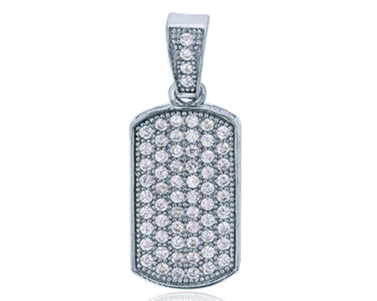 Sterling Silver Rhodium Micropave 1.2mm Round CZ Dog Tag Pendant