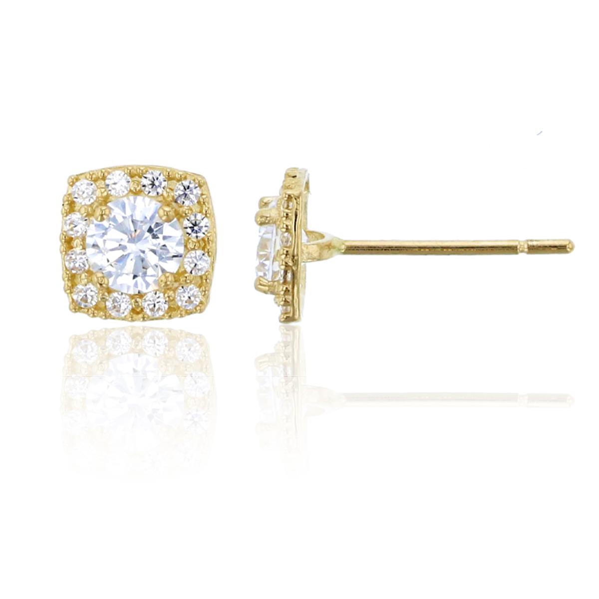 14K Yellow Gold 3.75mm Round Cut Square Shapped Halo Stud Earring