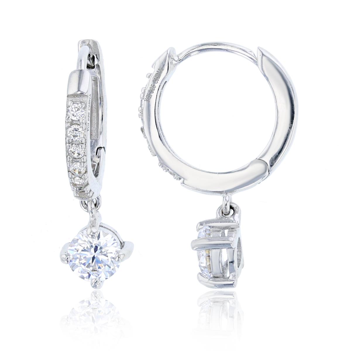 Sterling Silver Rhodium Micropave 2x22mm Hoop Earring with 5mm Rd Dangling CZ