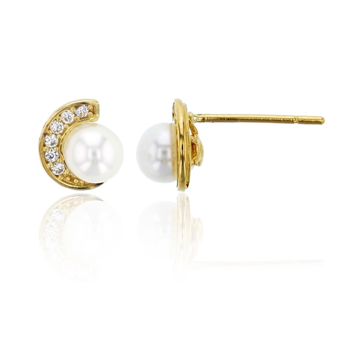 14K Yellow Gold Pave 4mm Fresh Water Pearl & CZ Moon Stud Earring