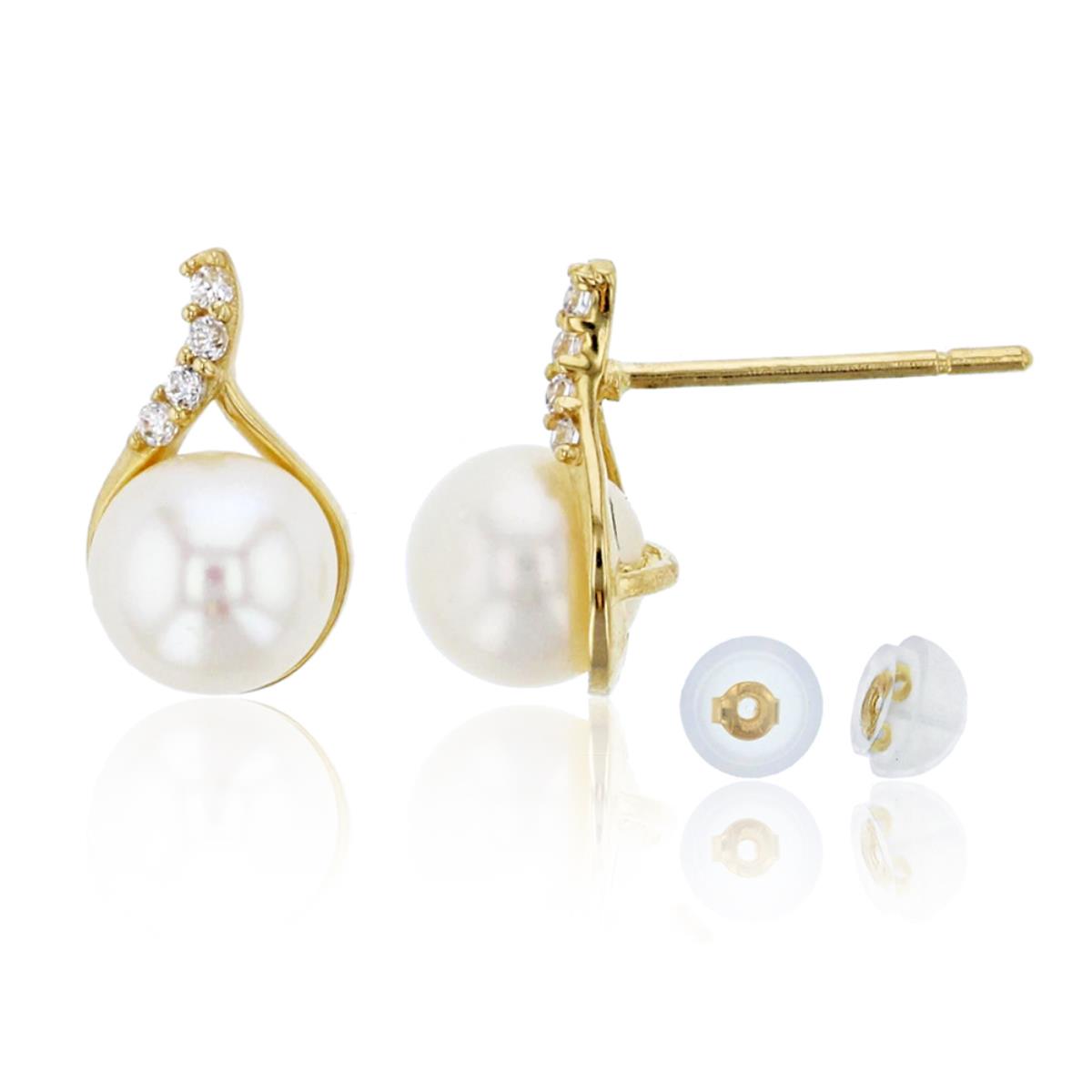 14K Yellow Gold 5.5mm Fresh Water Pearl & CZ Pear Shaped Stud & 14K Silicone Back