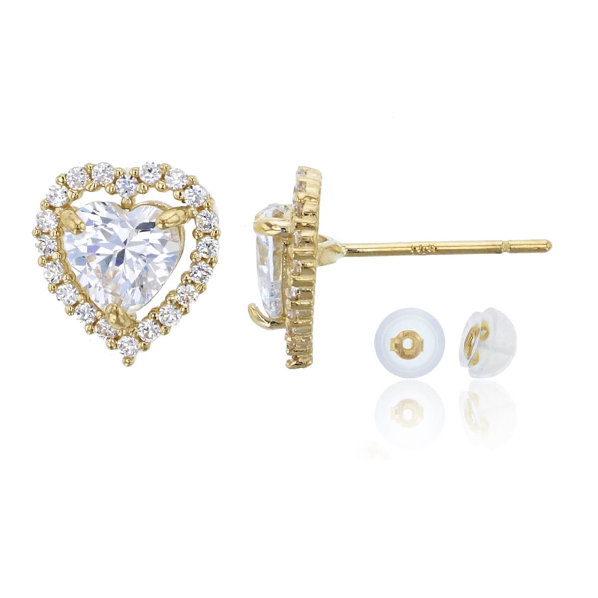 14K Yellow Gold Micropave 5mm Heart Cut Halo Stud & 14K Silicone Back