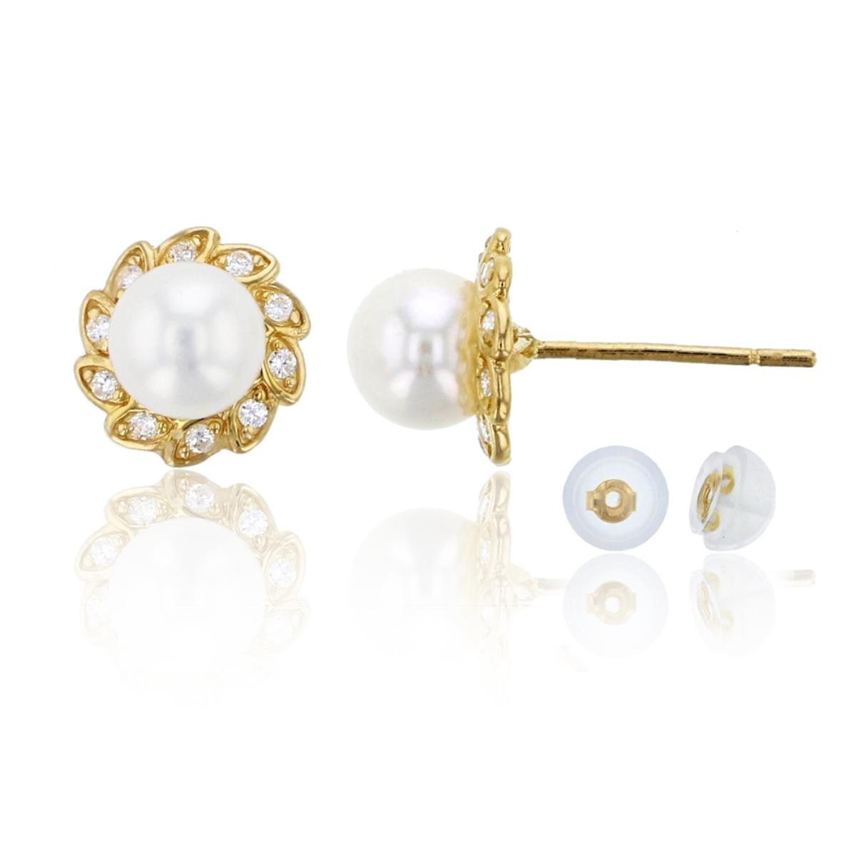 14K Yellow Gold 5mm Fresh Water Pearl & CZ Flower Stud & 14K Silicone Back