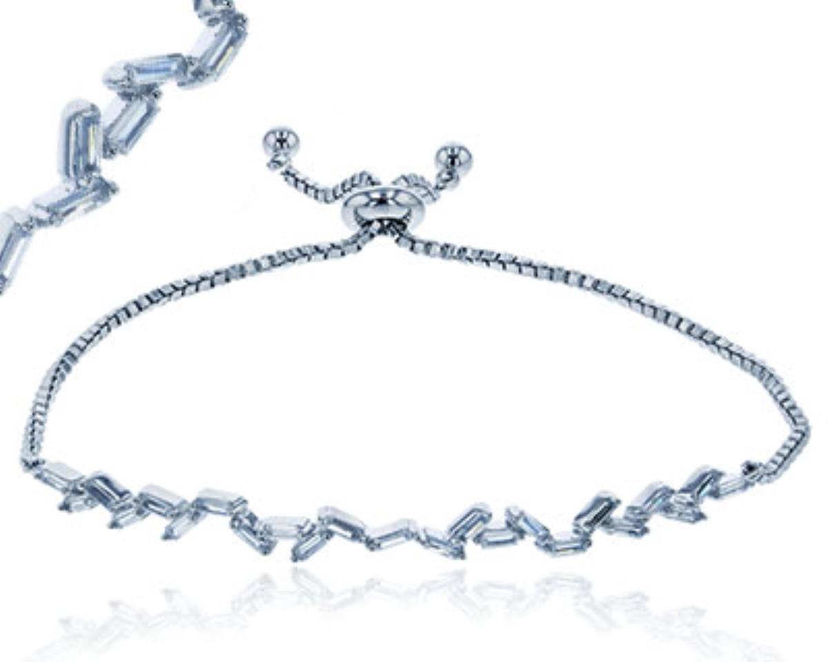 Sterling Silver Rhodium Pave Zigzag Baguette CZ Frontal Adjustable Bracelet