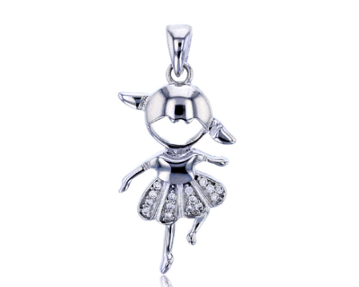 Sterling Silver Rhodium Micropave Round CZ Dancing Little Girl Pendant