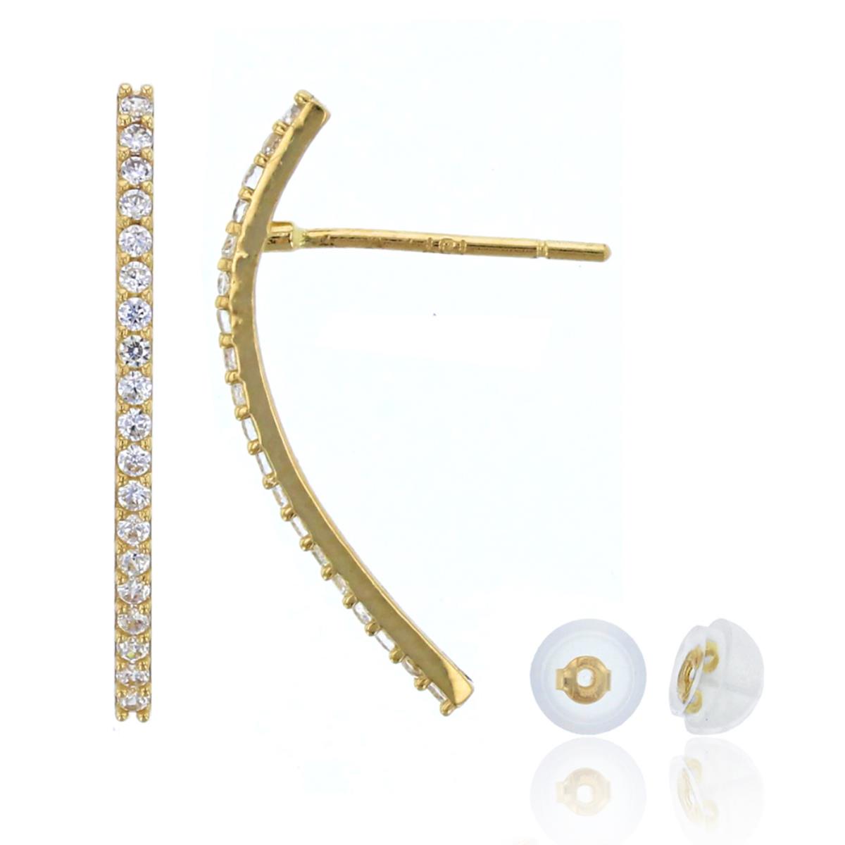 14K Yellow Gold Micropave Thin Curved Drop Bar Earring & 14K Silicone Back