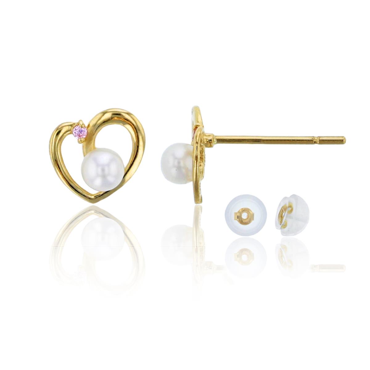 14K Yellow Gold 3mm Fresh Water Pearl & Pink CZ Heart Stud & 14K Silicone Back