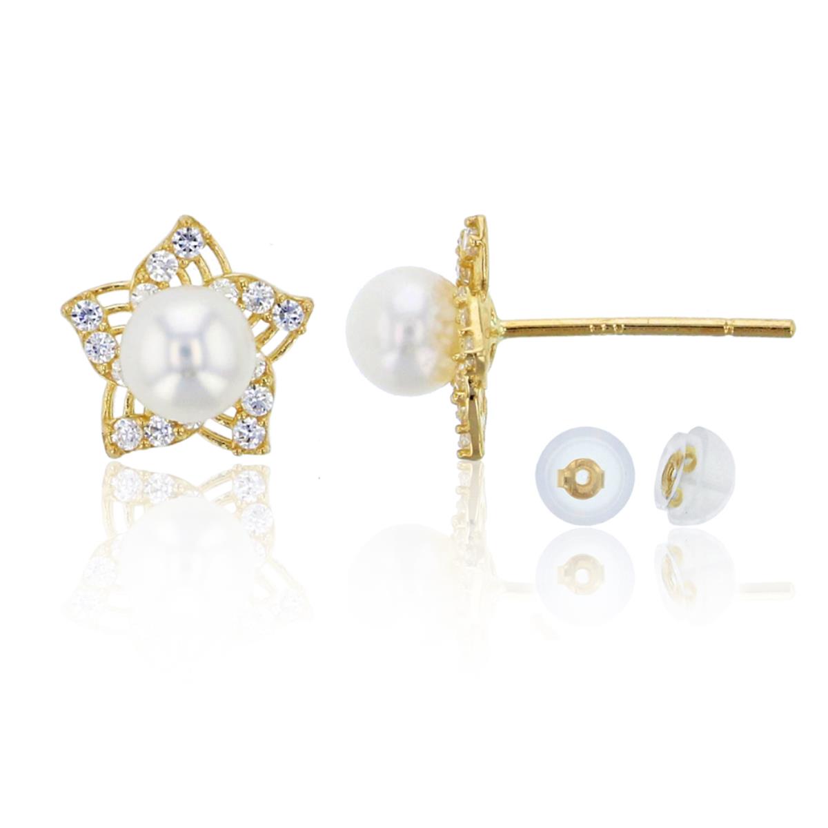 14K Yellow Gold 4mm Fresh Water Pearl and Clear CZ Star Stud & 14K Silicone Back