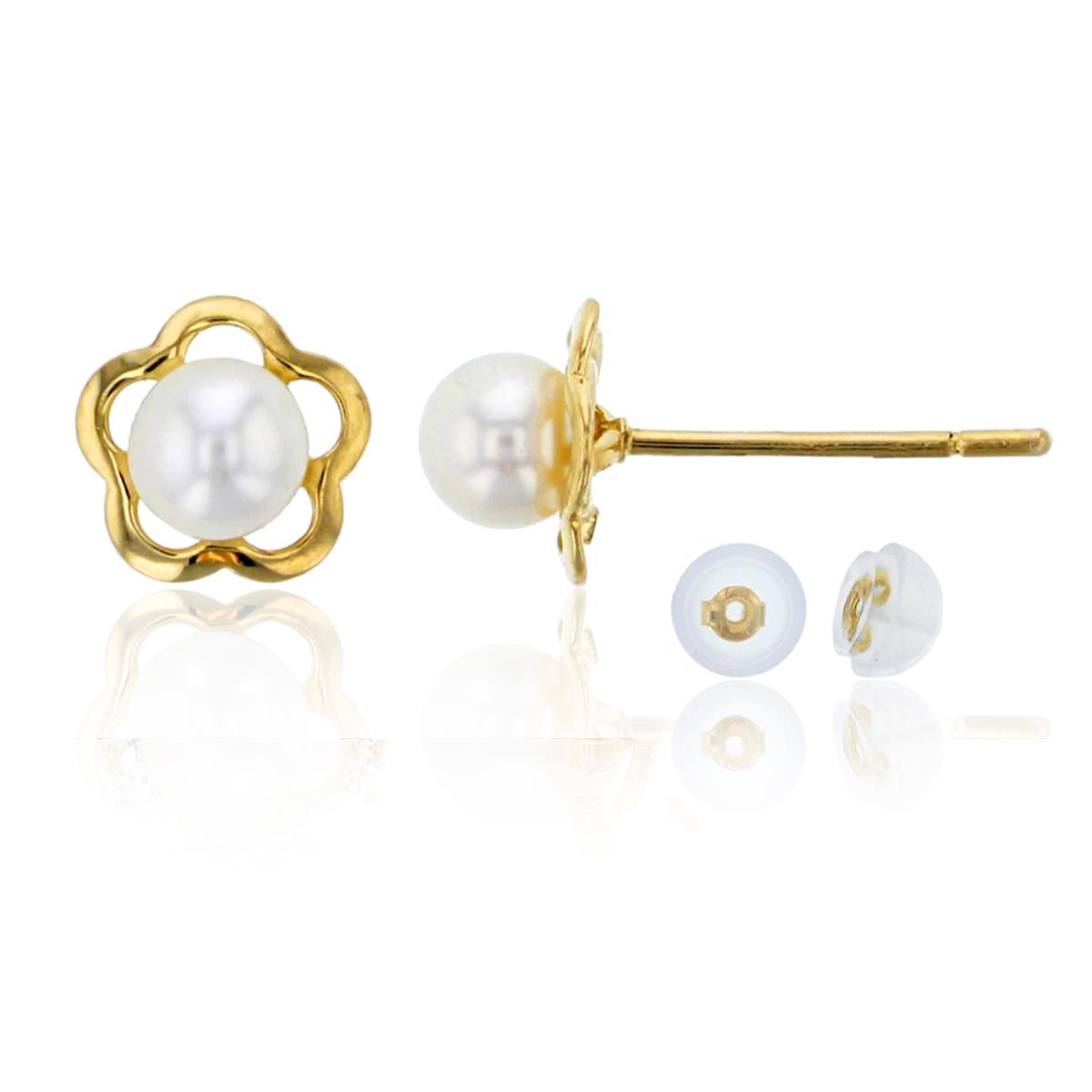 14K Yellow Gold 3mm Fresh Water Pearl Flower Stud  & 14K Silicone Back
