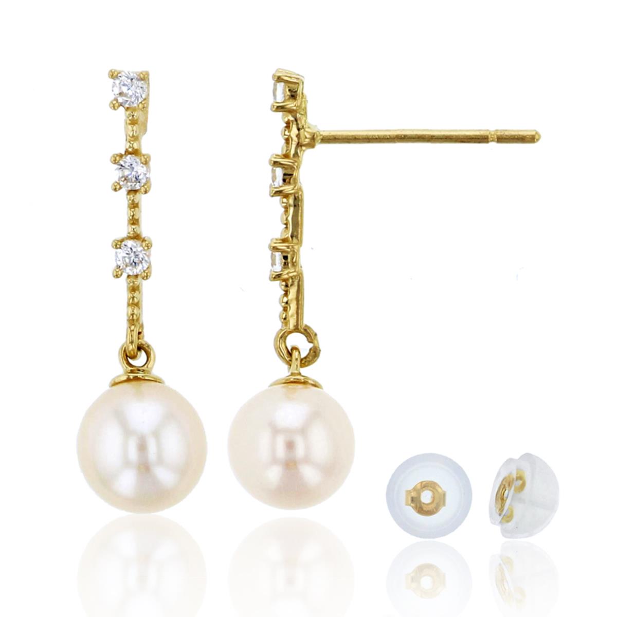 14K Yellow Gold Pave Dangling 5mm Fresh Water Pearl Drop Earring &14K Silicone Back