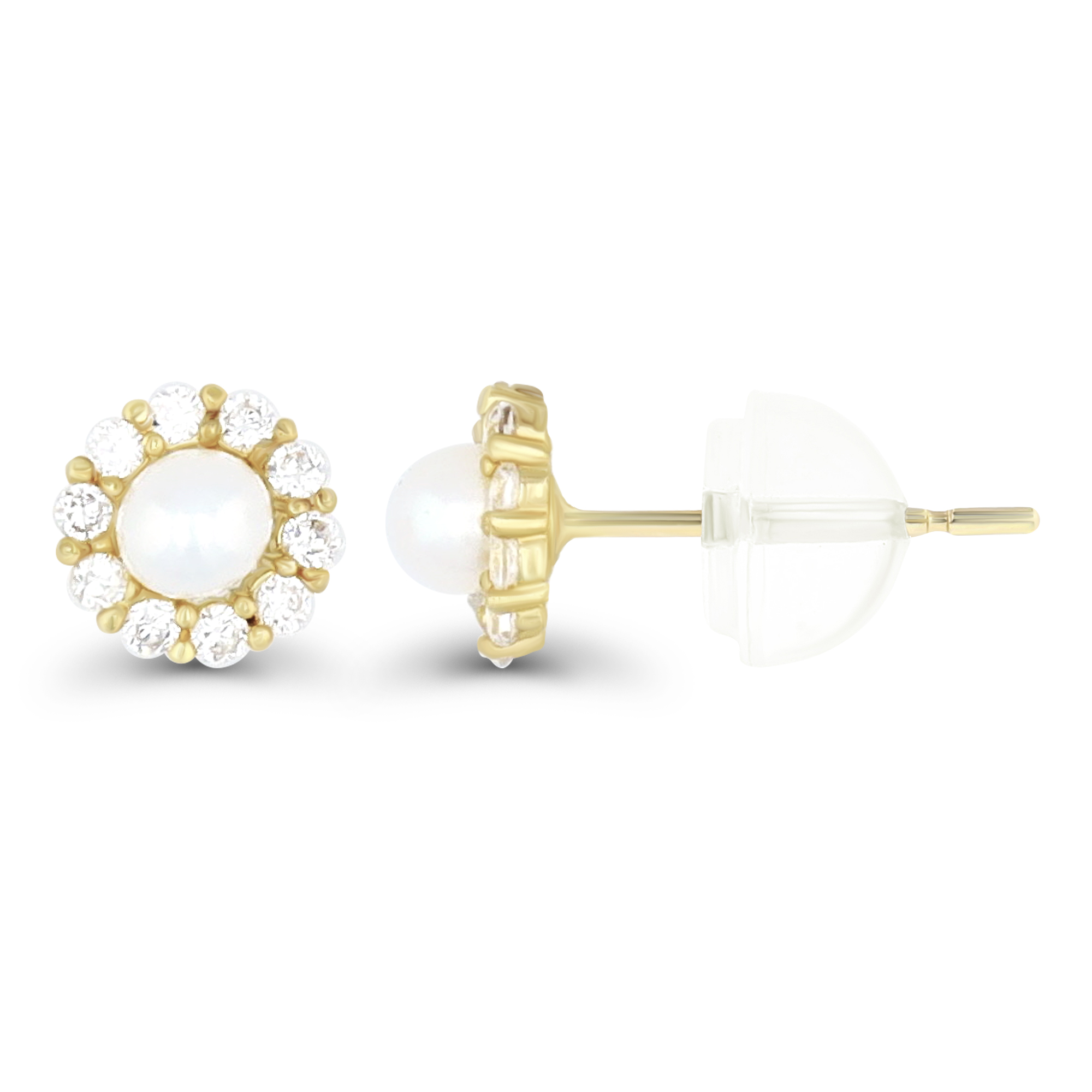 14K Yellow Gold Micropave Freshwater Pearl Flower Stud & 14K Silicone Back