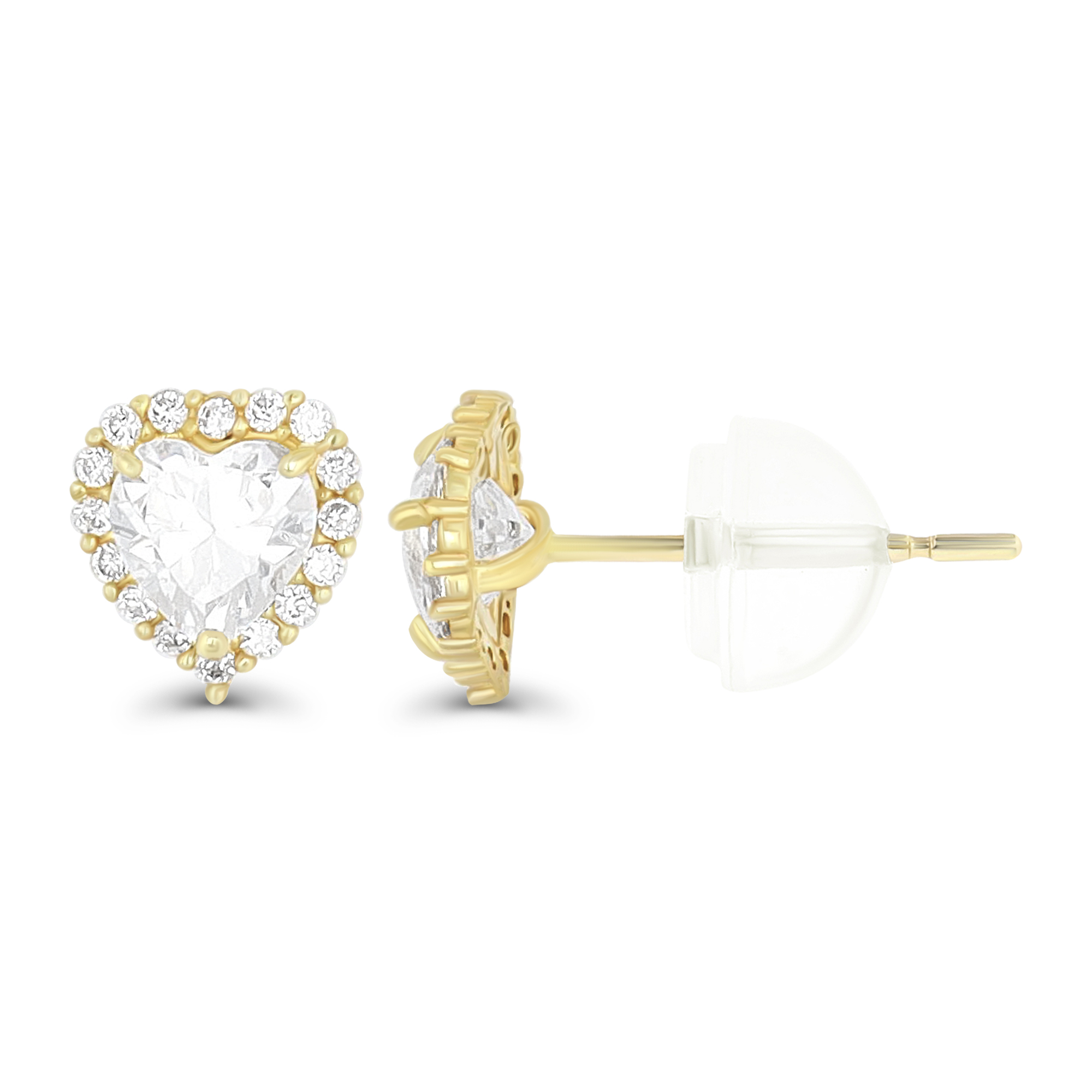 14K Yellow Gold Pave 3X3mm Heart Halo Stud Earring with Bubble Silicone Back