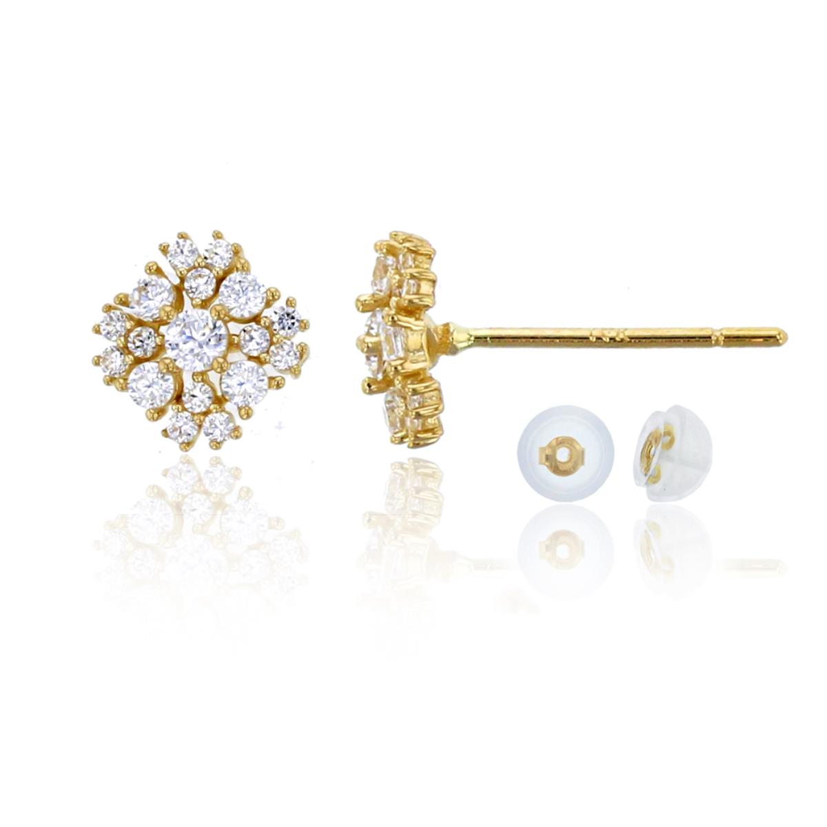 14K Yellow Gold Micropave 6mm Square Snowflake Stud & 14K Silicone Back