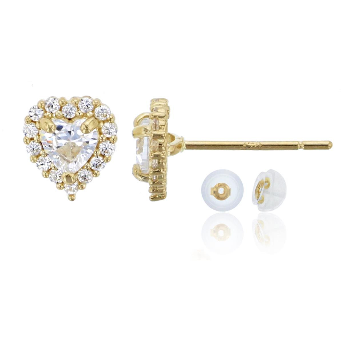 14K Yellow Gold Micropave 3.5mm Heart Cut Halo Stud & 14K Silicone Back
