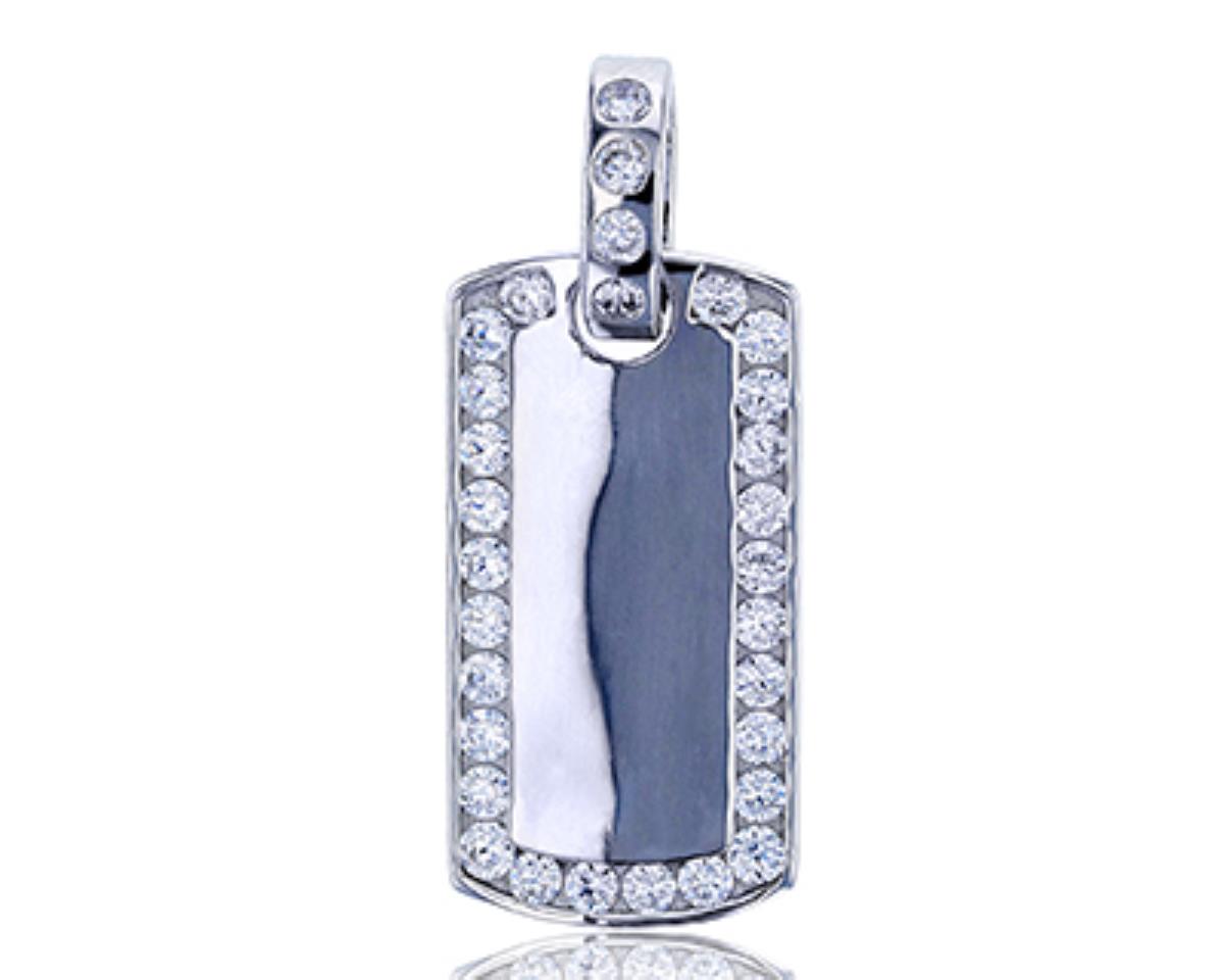 Sterling Silver Rhodium High Polished Round CZ Channel Dog Tag Pendant