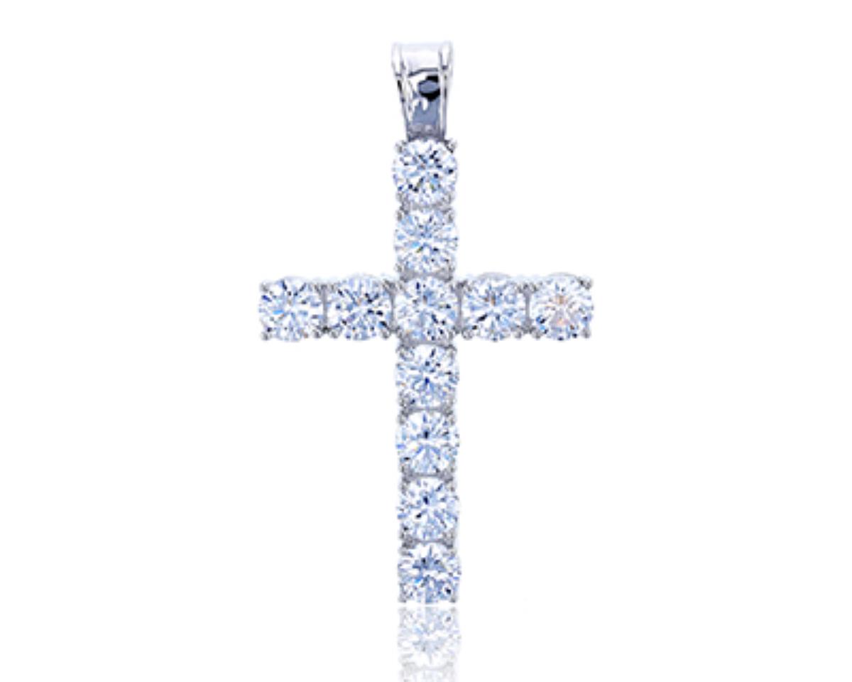 Sterling Silver Rhodium 5mm Round Prong Cross Pendant
