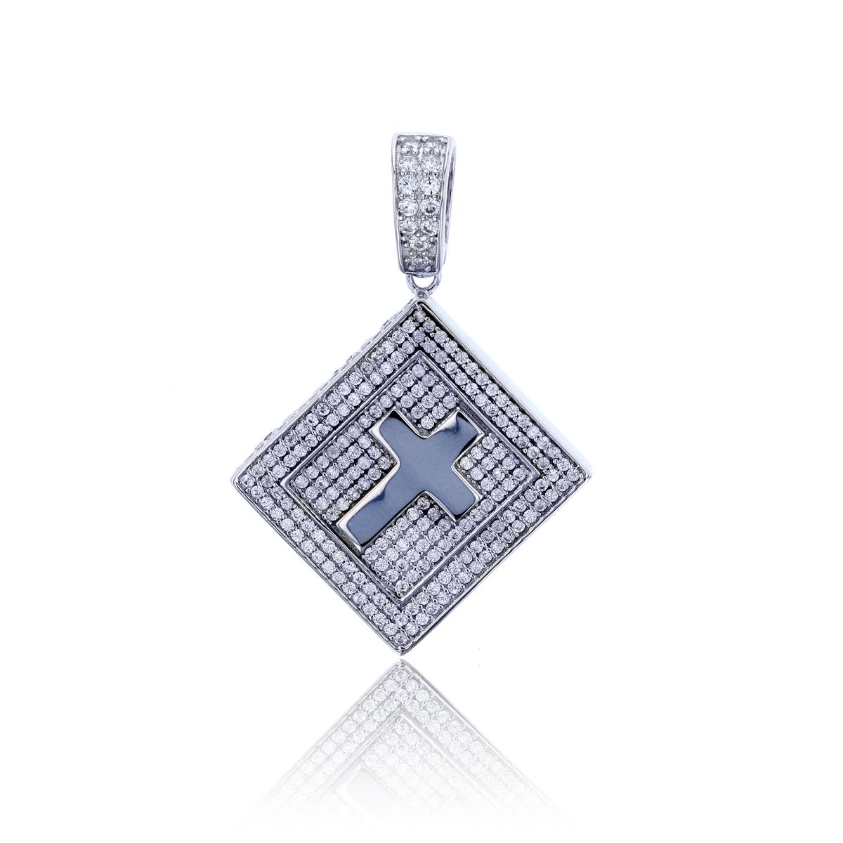 Sterling Silver Rhodium Micropave Round CZ Bible Cross Pendant