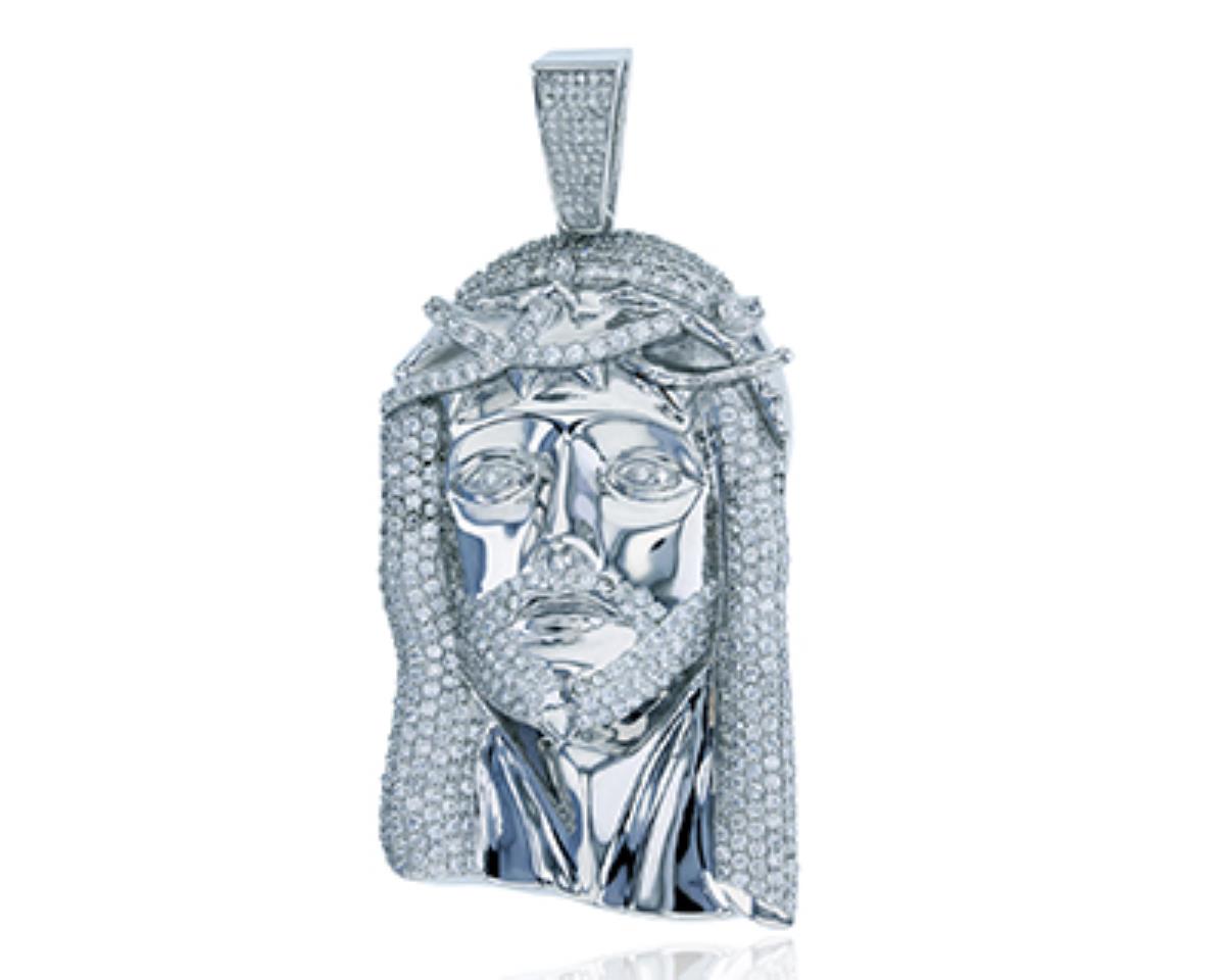 Sterling Silver Rhodium Micropave Big Jesus Head Pendant