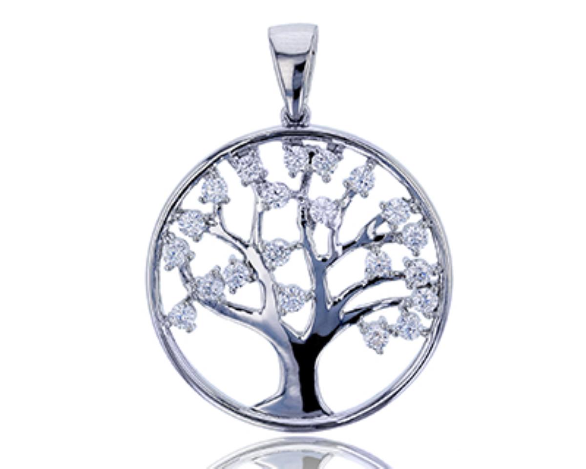 Sterling Silver Rhodium 2.25mm Round CZ Tree Of Life Pendant