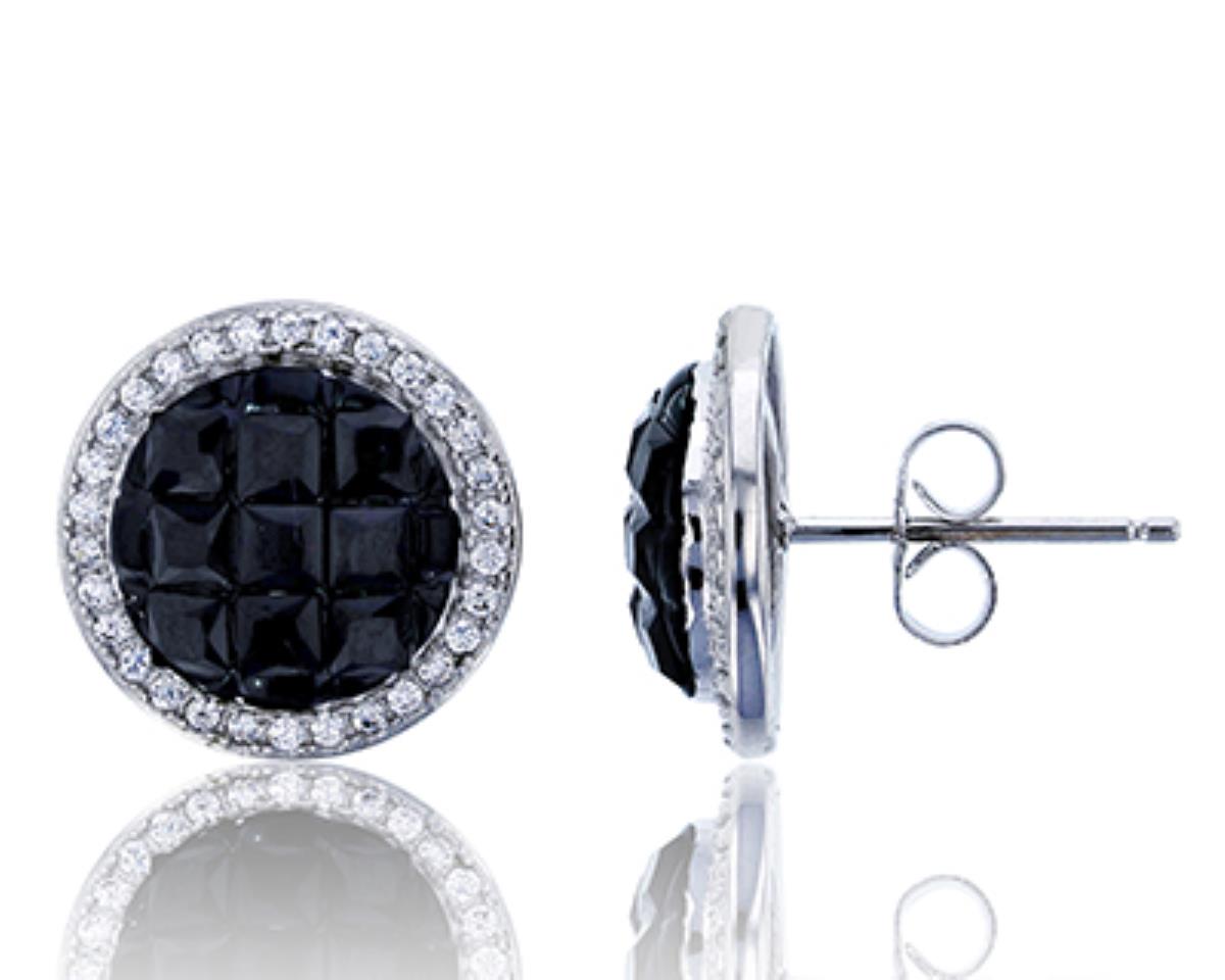 Sterling Silver Rhodium Black Princess Cut & Clear Round Cut CZ Stud Earring