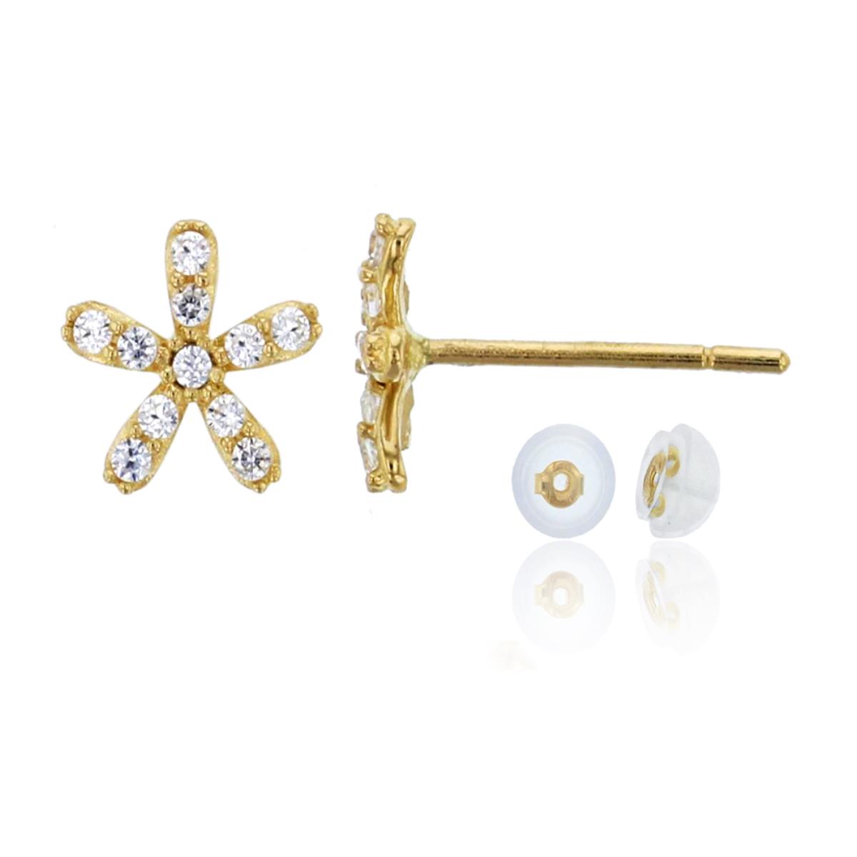 14K Yellow Gold Mciropave 6mm Daisy Flower Stud &14K Silicone Back
