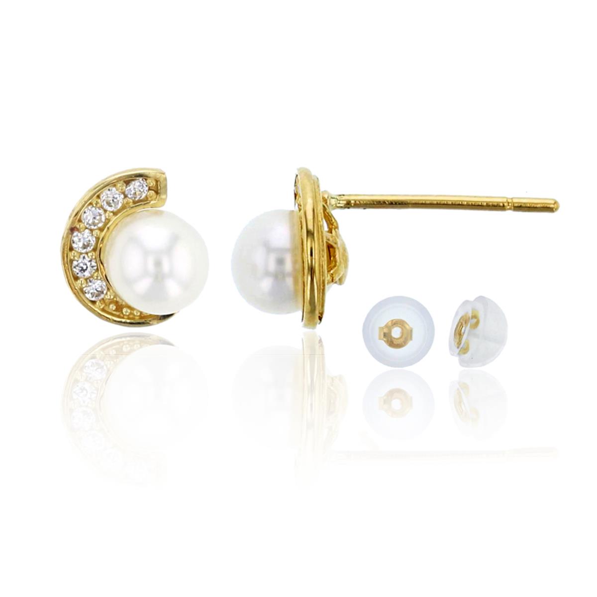 14K Yellow Gold Pave 4mm Fresh Water Pearl & CZ Moon Stud Earring &14K Silicone Back