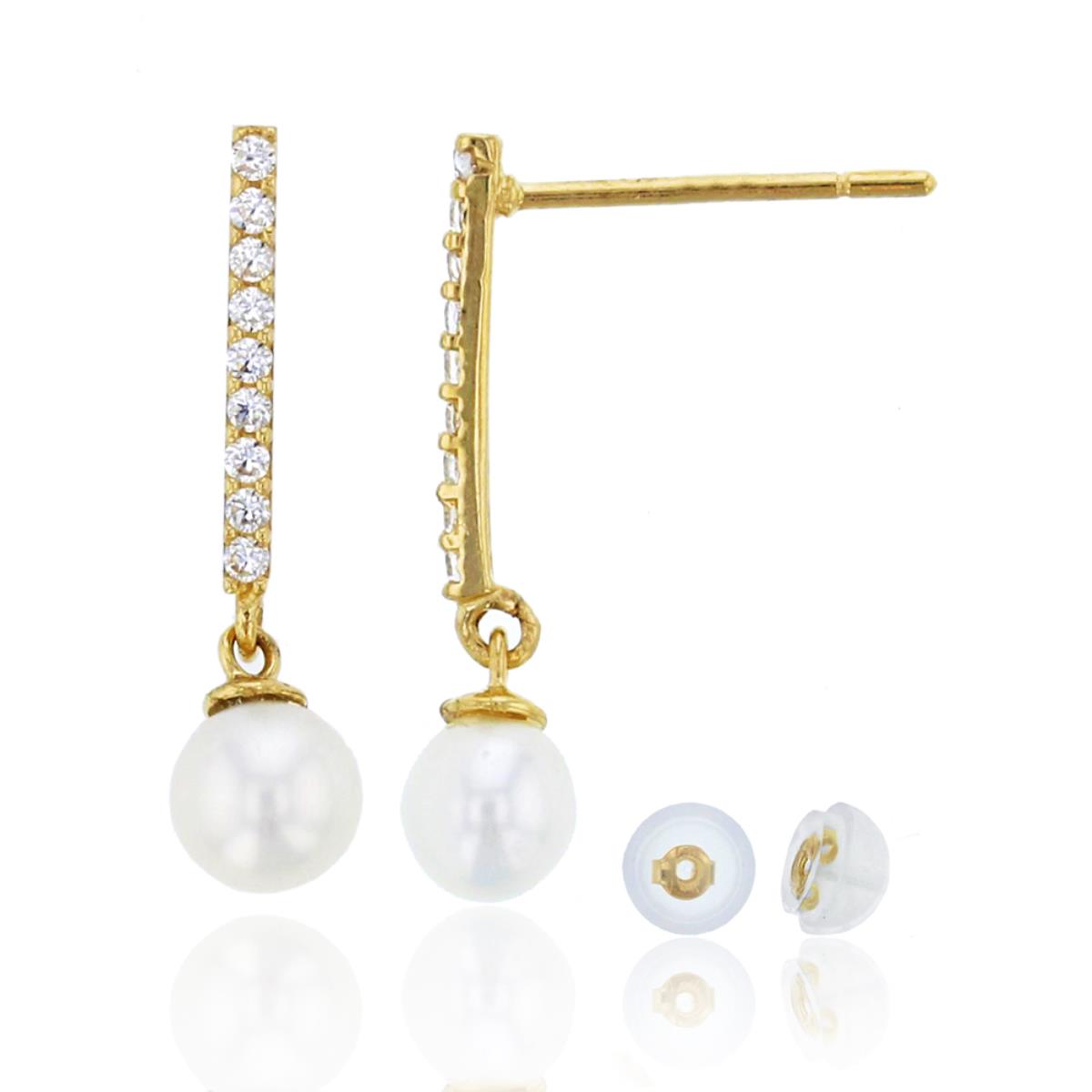 14K Yellow Gold Pave Dangling 4mm Fresh Water Pearl Drop Earring & 14K Silicone Back