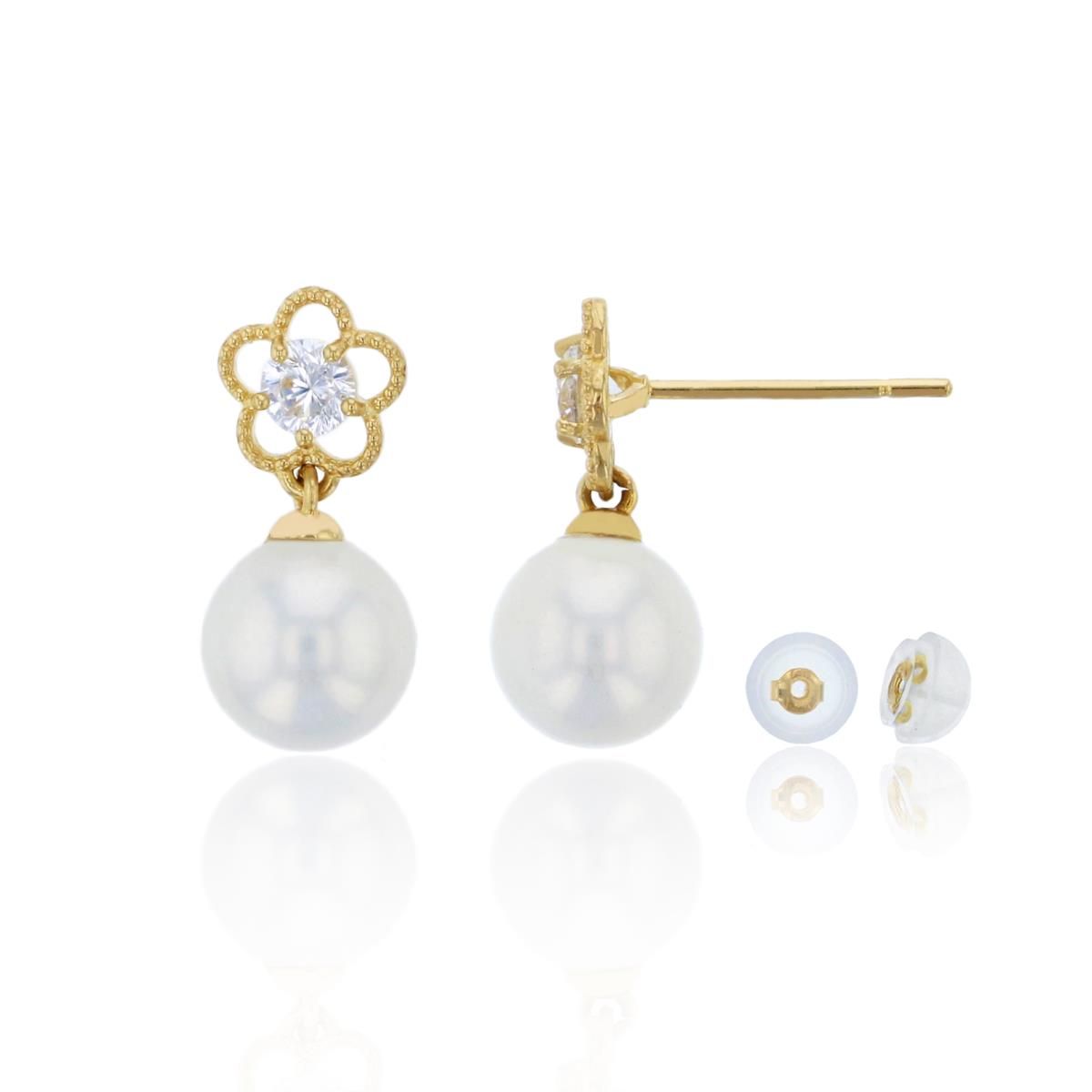 14K Yellow Gold Pave Migraine Flower and 6.50mm Freshwater Pearl Drop Earring & 14K Silicone Back