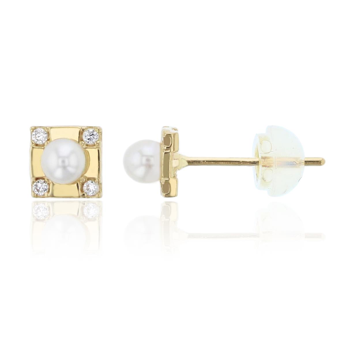 14K Yellow Gold Pave 3mm Fresh Water Pearl & CZ Square Stud Earring