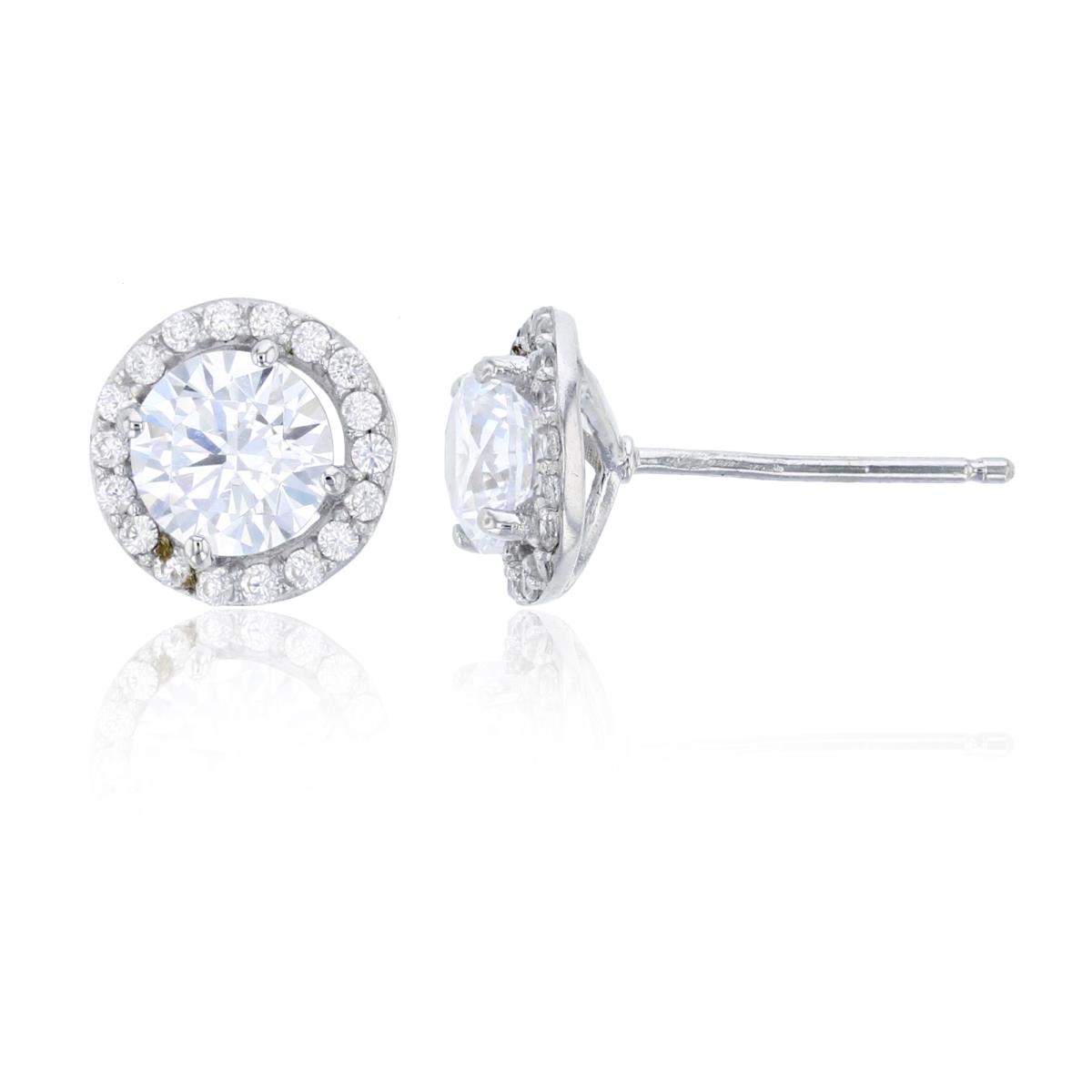 Sterling Silver Rhodium Pave 6mm Rd Halo Stud Earring
