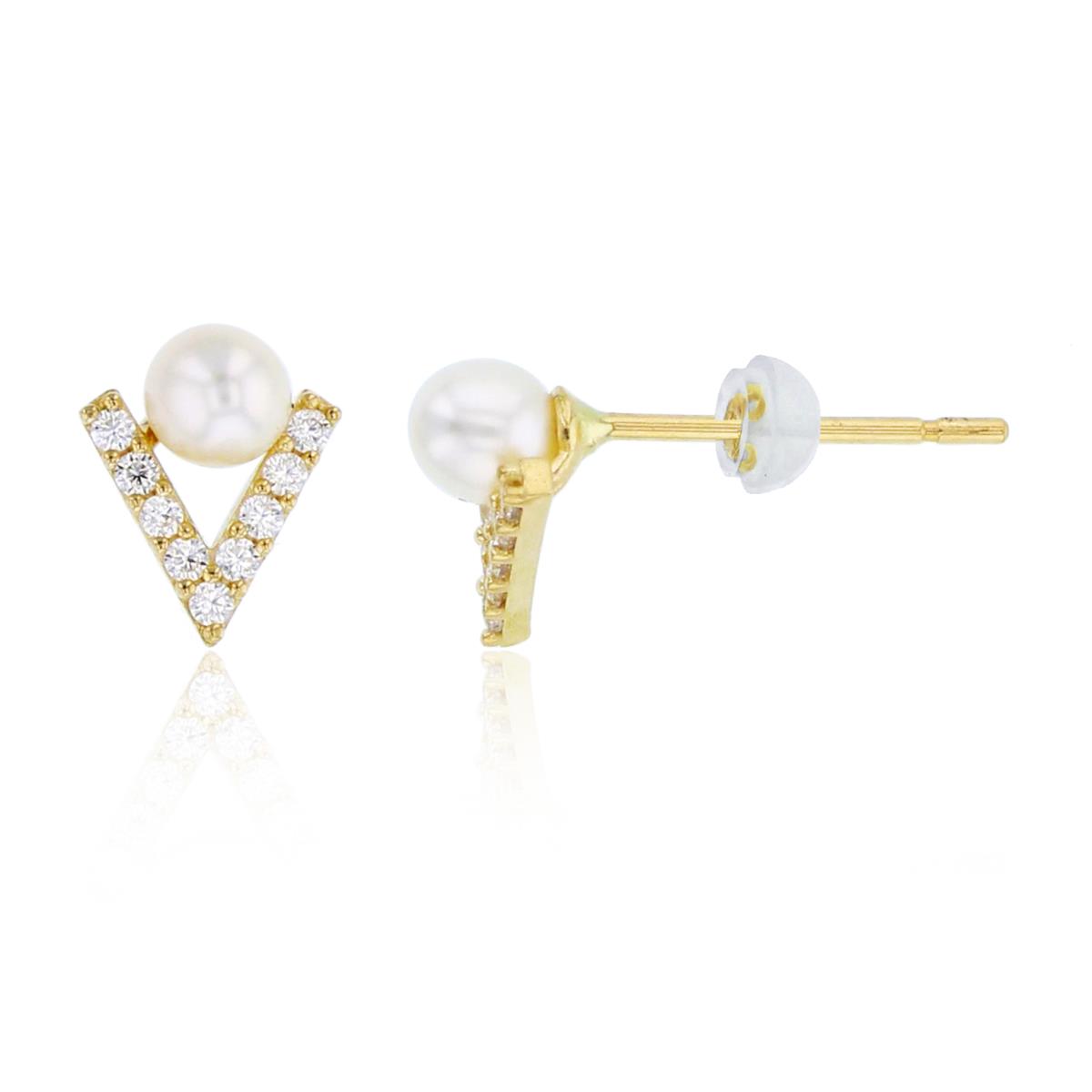 14K Yellow Gold 3mm Fresh Water Pearl & Rnd CZ "V" Shaped Studs with Silicon Backs